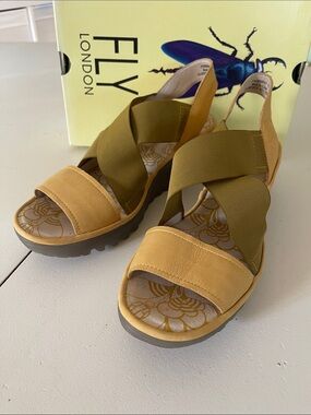 FLY London Yellow and Olive Crossband Wedge Sandals